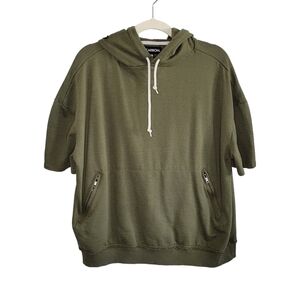 Carbon Women's Army Green Floral Embroidered Short Sleeve Pullover Hoodie Size M